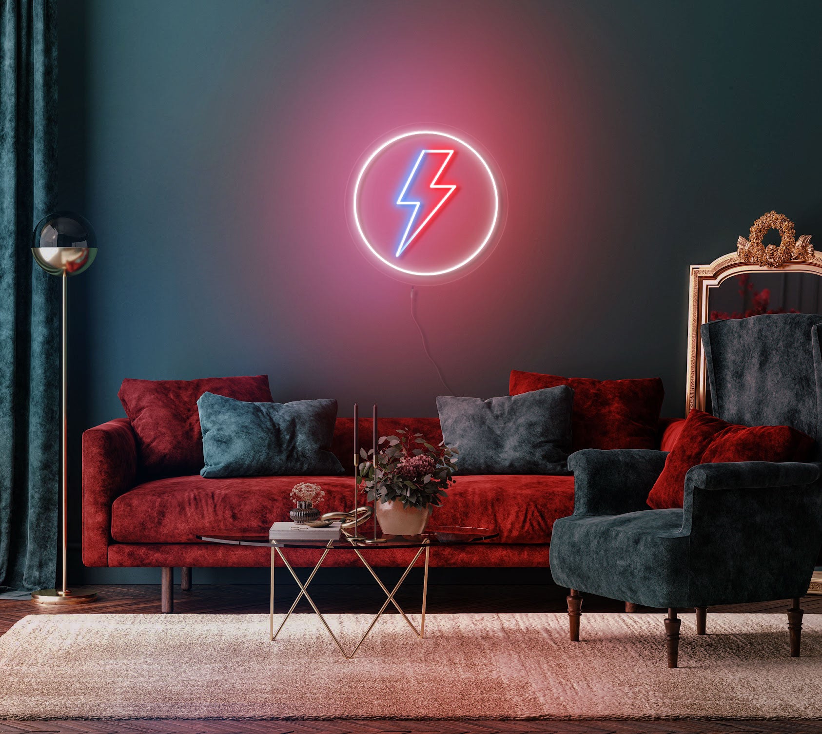 un néon décoratif led représentant un signe de foudre ou flash dans un circle