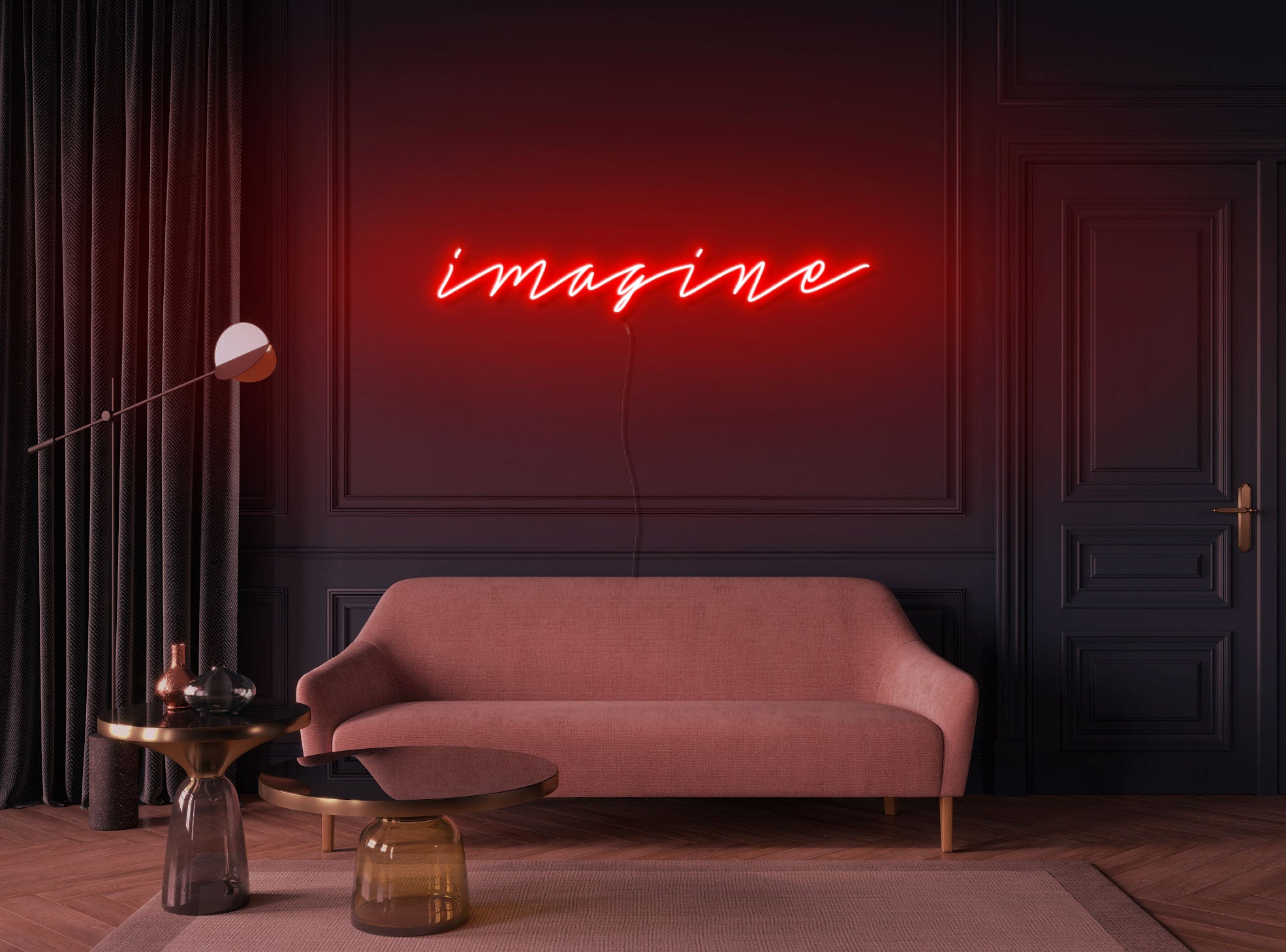 un néon décoratif led représentant le texte imagine en rouge